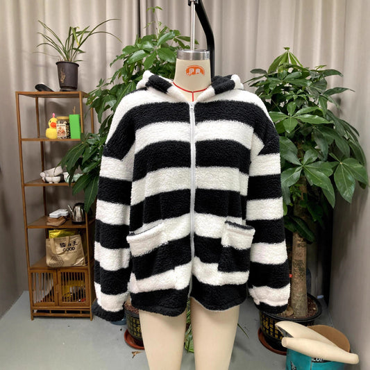 Casual Long Sleeve Black And White Striped Cardigan Jacket