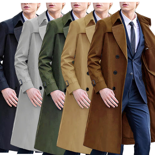 Men's Classic Solid Color Long Trench Coat | All-Weather Overcoat