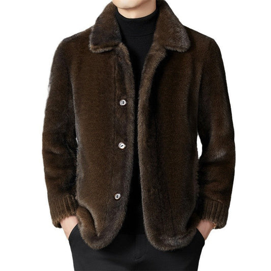 Men's Luxury Winter Golden Mink Faux Leather Wool Coat