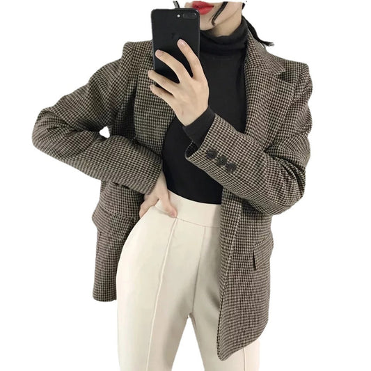 Houndstooth Retro Loose Slimming Woolen Blazer