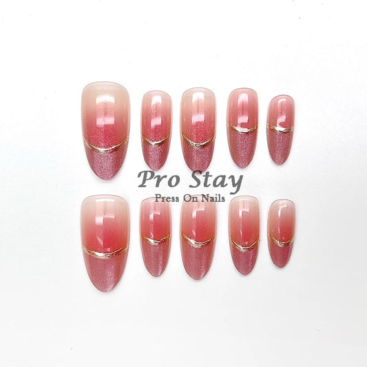 10pcs Pink Almond French Handmade Press on Nail with Silver 3D Pearl Bow Flower Pattern Reusable Full Cover Tips for Women