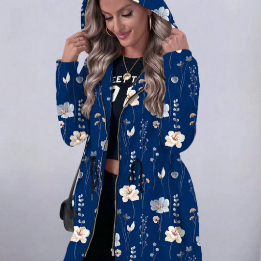 Mid-length Zipper Printed Hooded Long Sleeve Coat