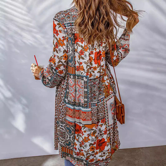 Women's Casual Boho Print Long Cardigan