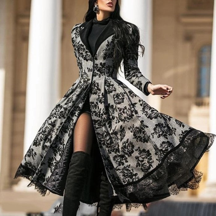 Women's Large-Sized Retro Long Coat With Lace Paneling For Autumn And Winter