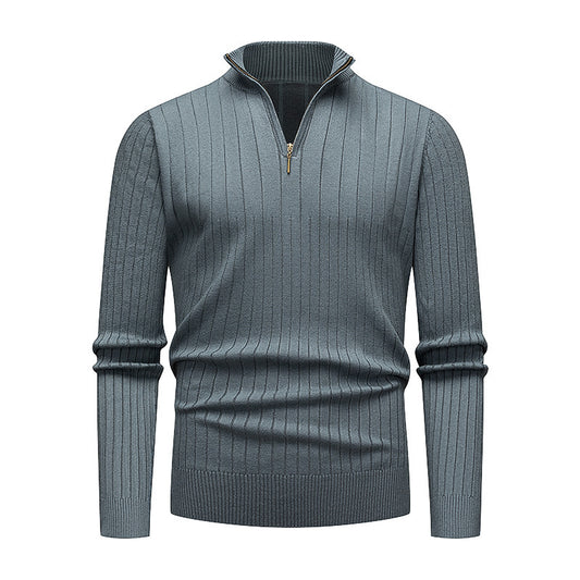 Men's Knitwear Half Zipped Stand Collar Striped Sweater