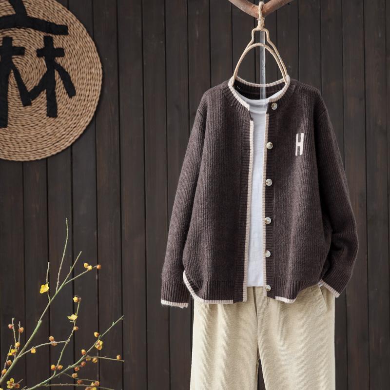 Round Neck Single-breasted Knitted Cardigan Women's Loose Coat