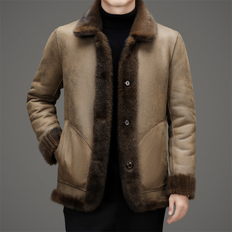 Men's Luxury Winter Golden Mink Faux Leather Wool Coat