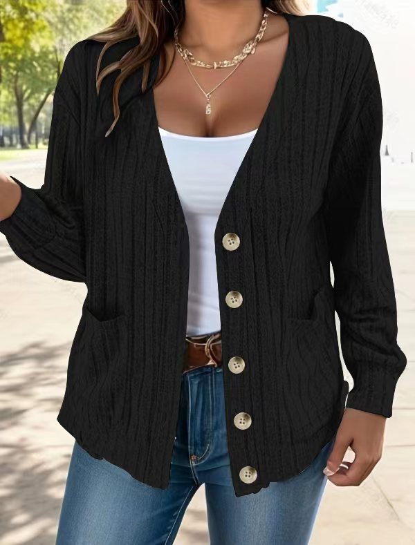 Solid Color Buttons V-neck Loose Long Sleeve Cardigan For Women