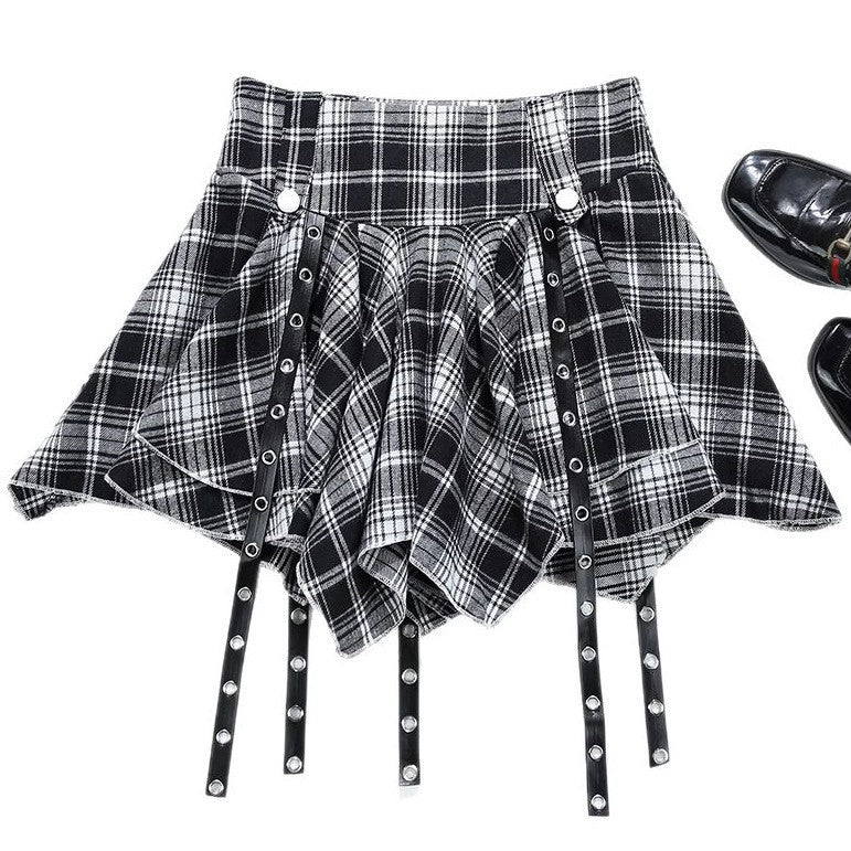 Irregular Red Plaid Pleated Skirt Exposure-proof Skirt