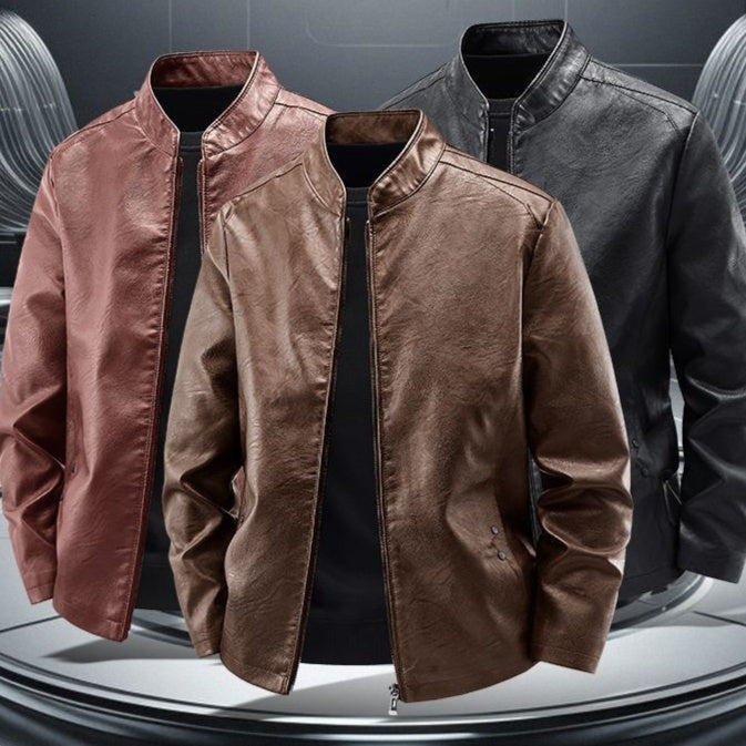 Men's Motorcycle Leather Coat Spring And Autumn Solid Color Stand Collar