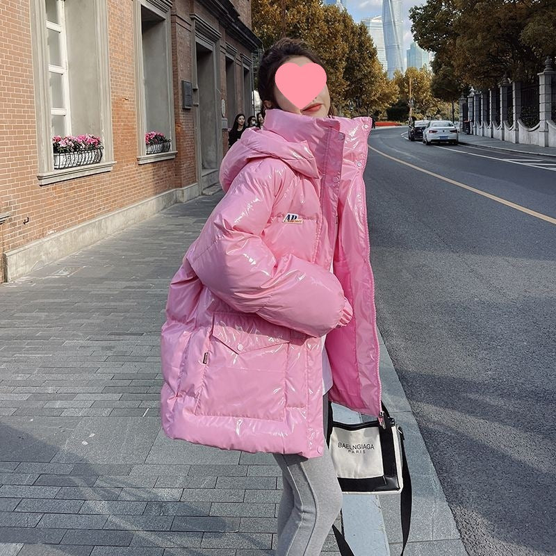Pink Glossy Down Cotton-padded Jacket Women's Mid-length