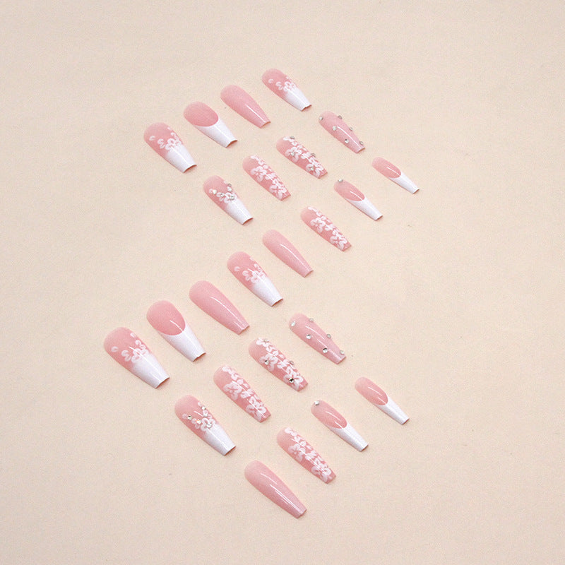 Luxury Long Ballerina Fake Nails: French & Rhinestone