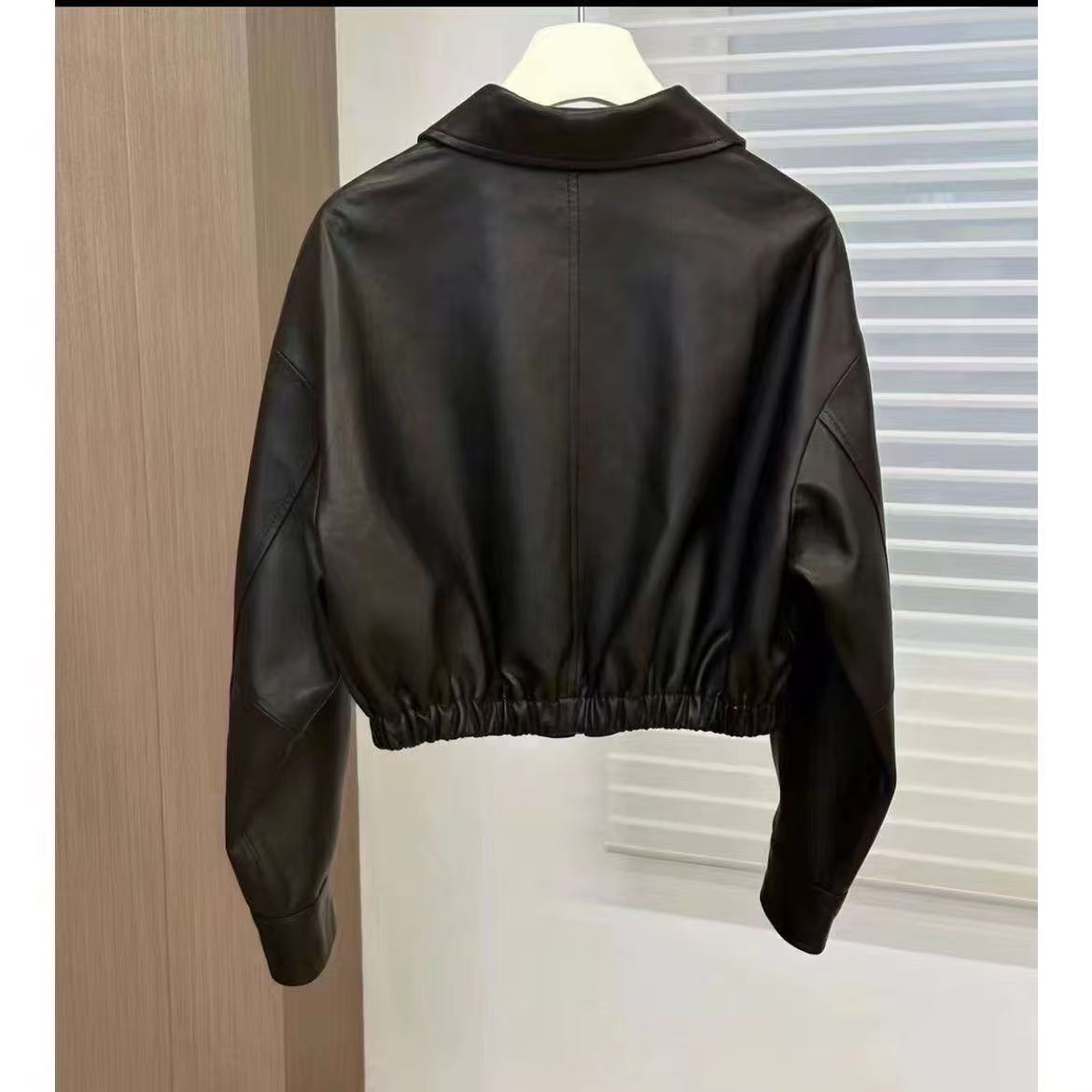 Black Soft Leather Spring And Autumn Coat Woman Square-neck Zip Leather Jacket