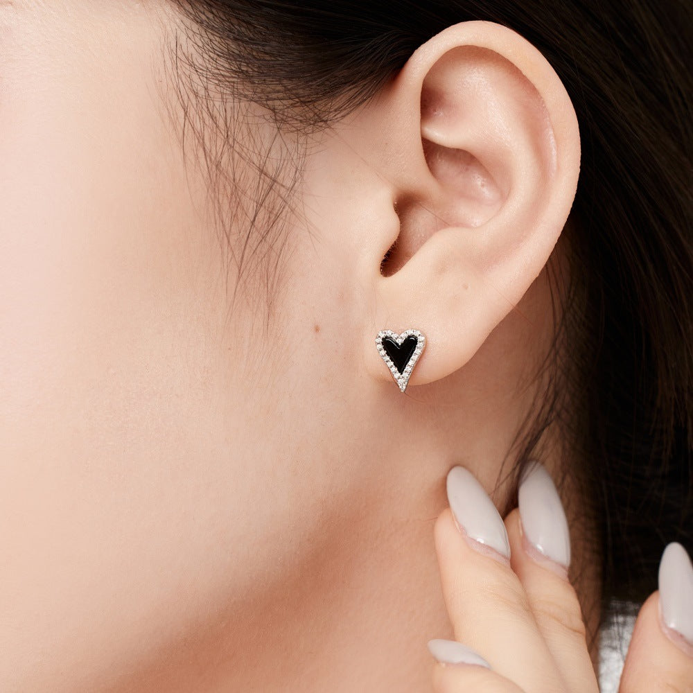 Black Agate & Silver Heart Stud Earrings