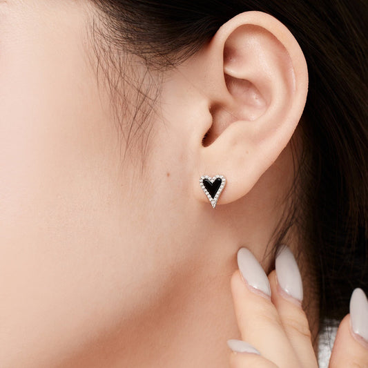 Black Agate & Silver Heart Stud Earrings