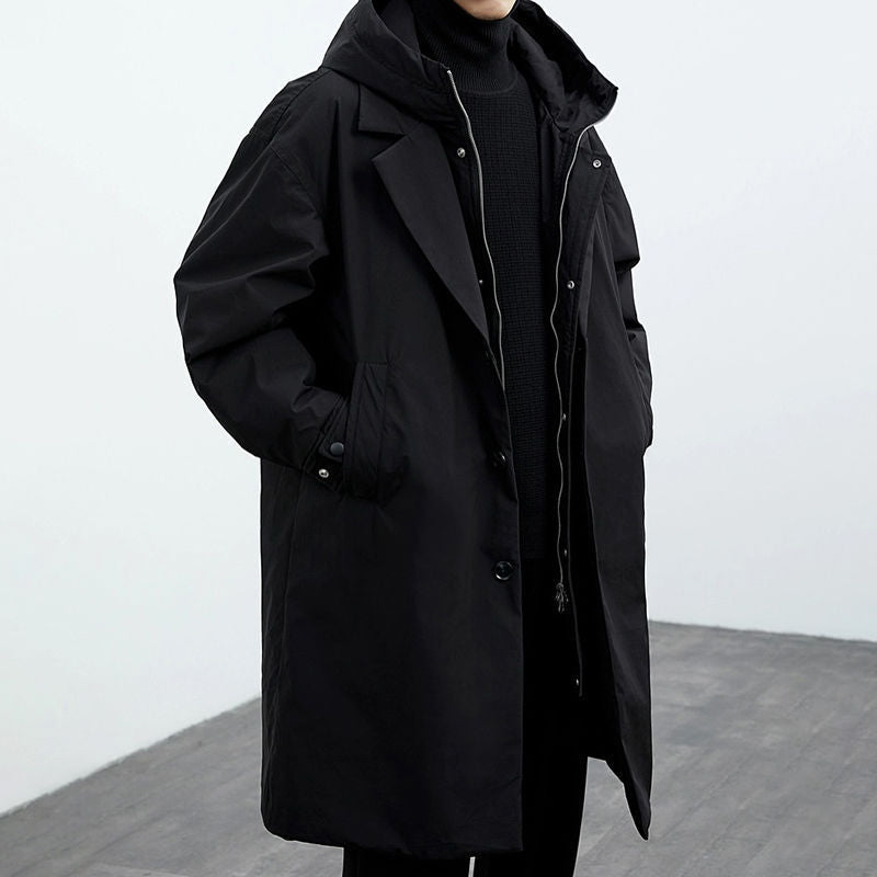 Men's Casual Mid-Length Faux Two-Piece Coat | Hooded Trench Jacket