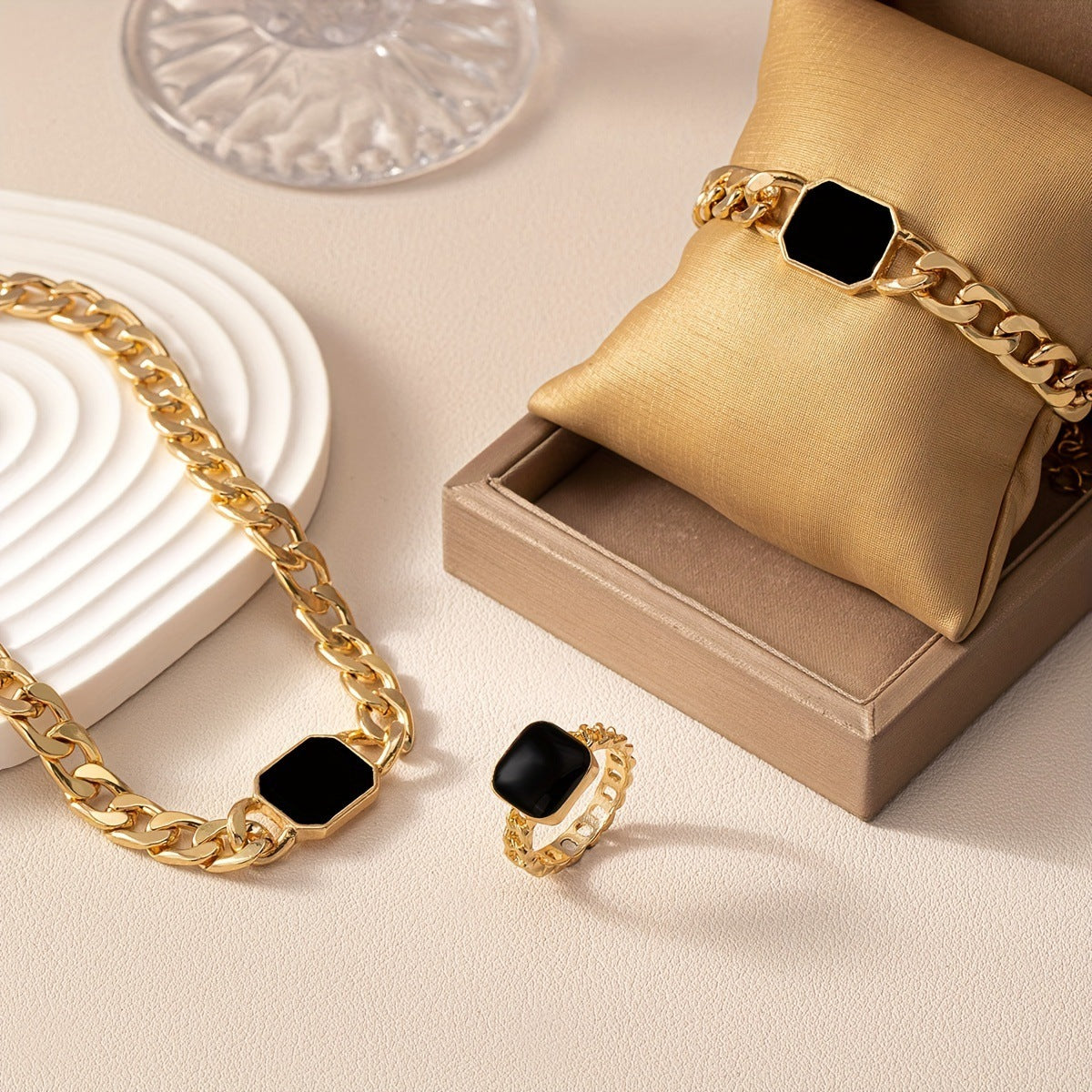 Minimalist Square Design Chain Necklace, Bracelet, and Ring Set
