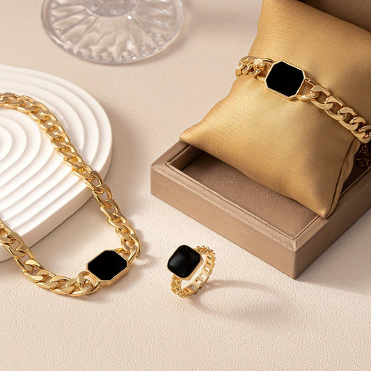 Minimalist Square Design Chain Necklace, Bracelet, and Ring Set