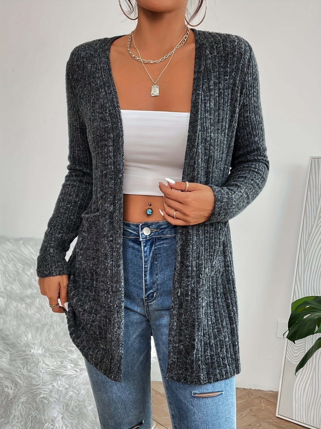 Long Sleeve Knit Sweater Coat with Pockets