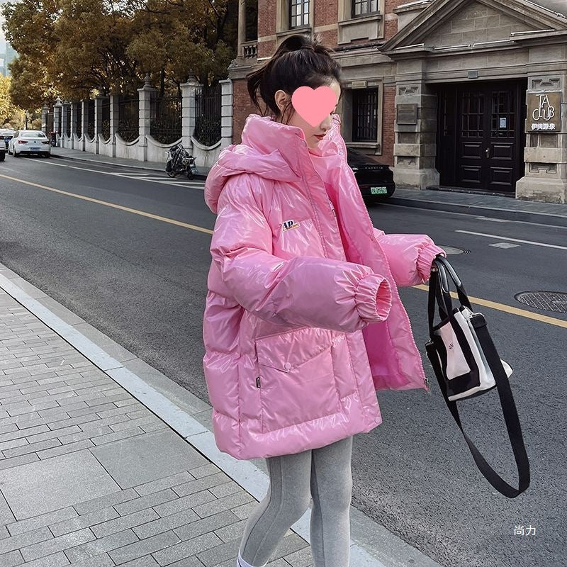 Pink Glossy Down Cotton-padded Jacket Women's Mid-length