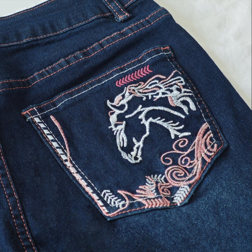 Women's Western Bootcut Jeans With Horse Embroidery, Mid-Rise Stretch Denim With Pink Contrast Stitching, Cowgirl Rodeo Style