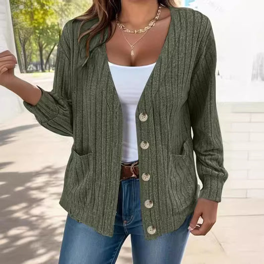 Solid Color Buttons V-neck Loose Long Sleeve Cardigan For Women