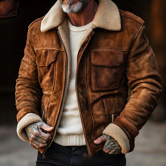 Men's Warm Lambswool Lapel Zip Jacket | Thick Winter Top Coat