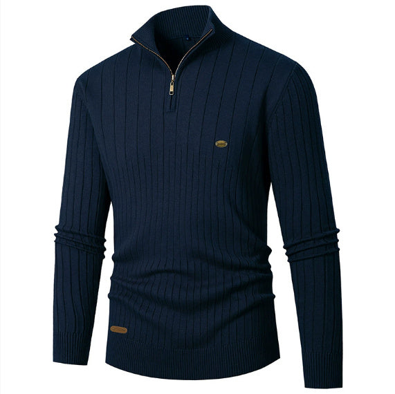 Men's Knitwear Half Zipped Stand Collar Striped Sweater
