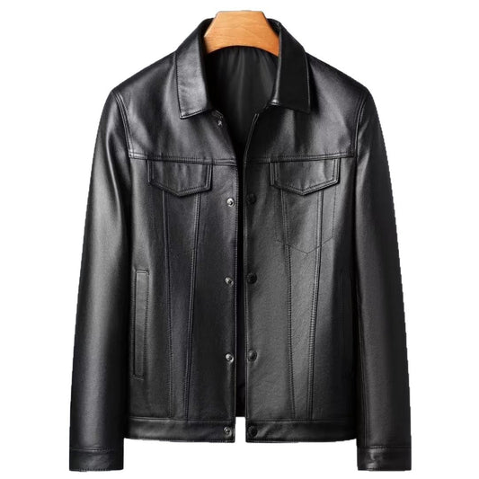 Men's First Layer Cowhide Spring And Autumn New Polo Collar Leather Jacket