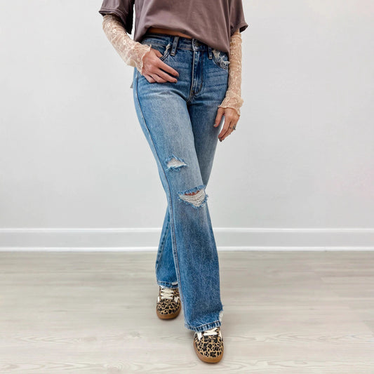 Ripped Jeans Slim-fitting Mid-waist Straight-leg Pants Distressed