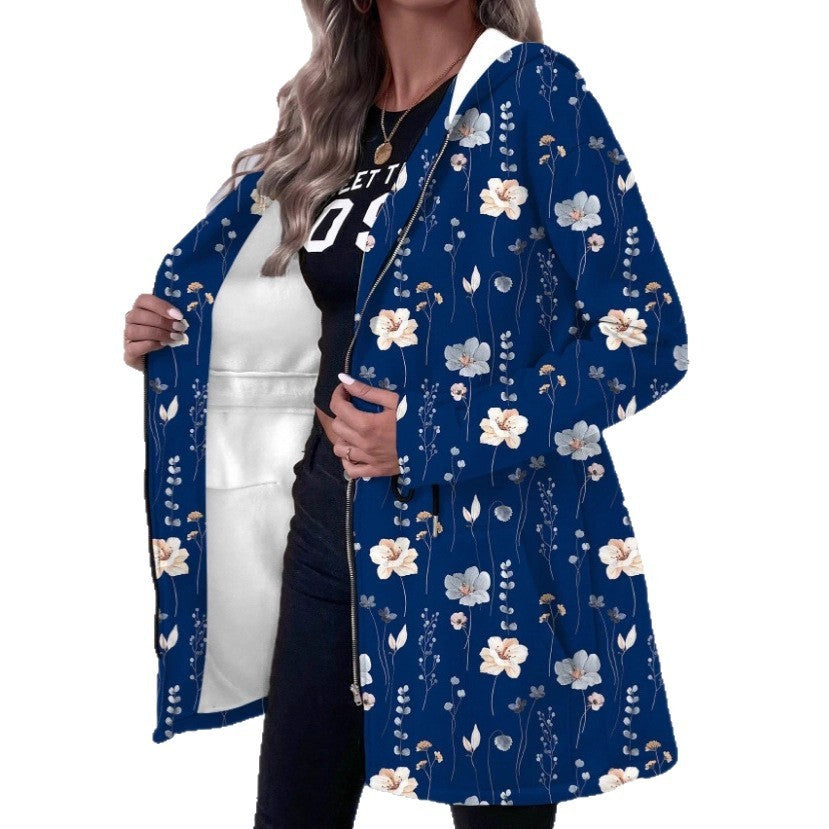 Mid-length Zipper Printed Hooded Long Sleeve Coat