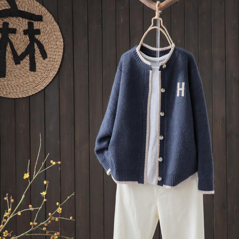 Round Neck Single-breasted Knitted Cardigan Women's Loose Coat