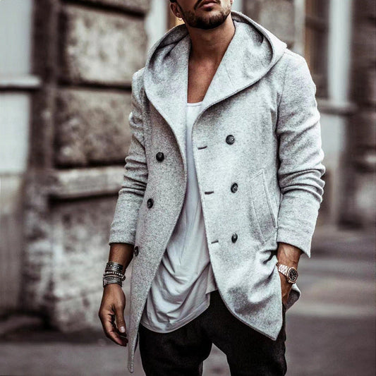 Men's Mid-Length Double-Breasted Trench Coat | Lapel Hooded Style Outerwear