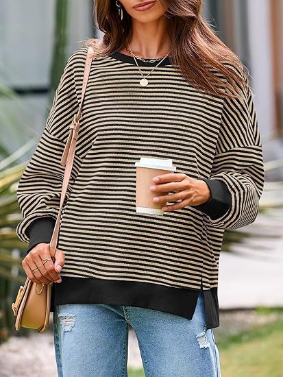 Waffle Knit Crewneck Split Pullover Sweater