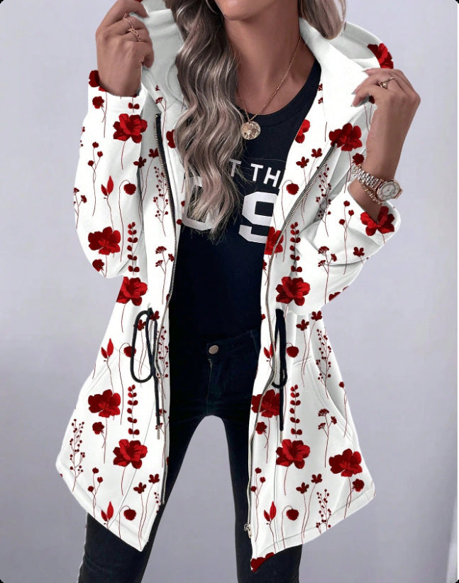 Mid-length Zipper Printed Hooded Long Sleeve Coat