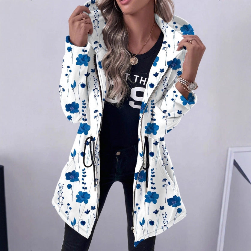 Mid-length Zipper Printed Hooded Long Sleeve Coat