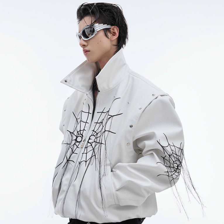 Men's Niche Spider Web Tassel Motorcycle Leather Coat | Unique Biker Jacket