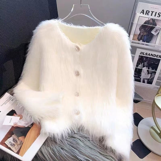 Women's Faux Mink Velvet Knit Cardigan Sweater Coat, Thickened For Autumn And Winter 2025, New Short European Style, Soft And Plush