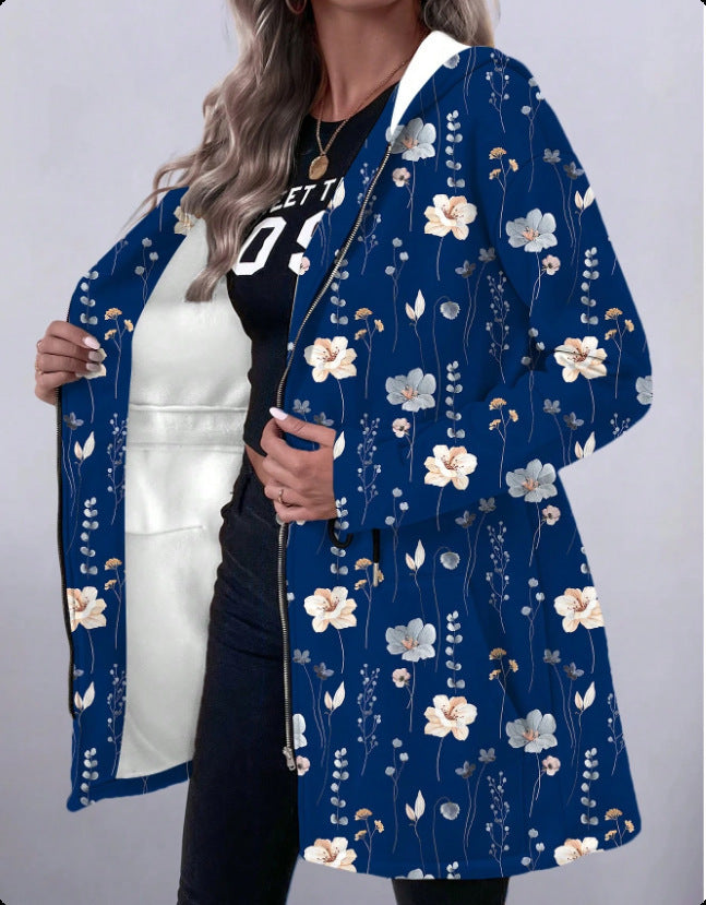 Mid-length Zipper Printed Hooded Long Sleeve Coat