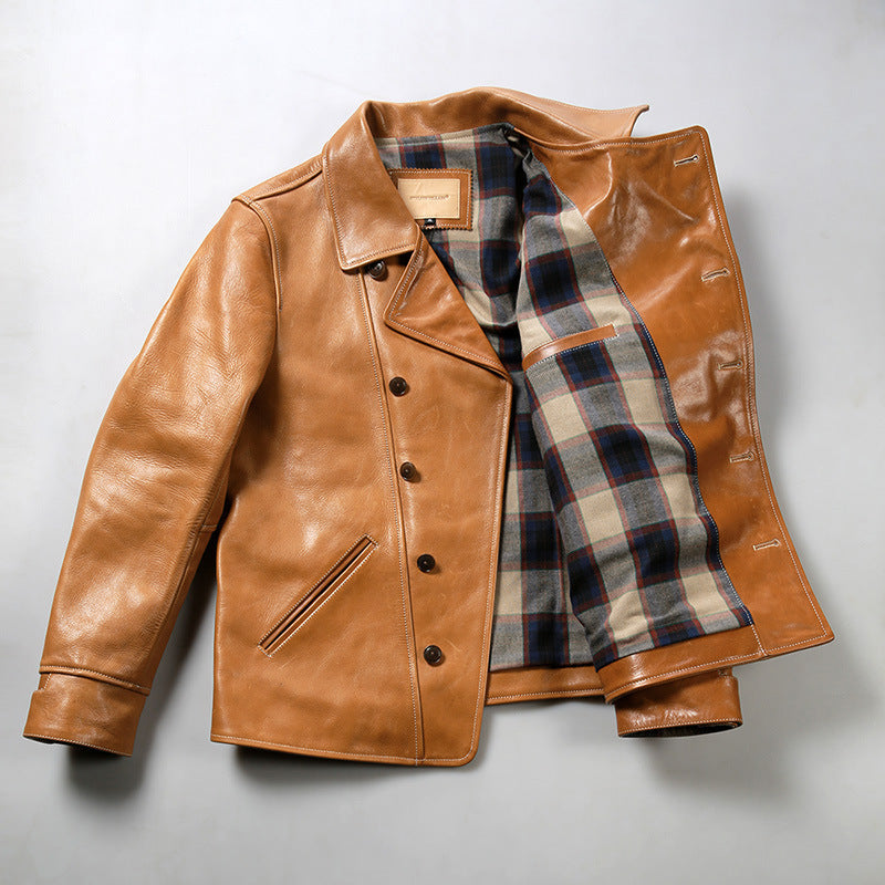 Men's Premium Bear Leather Jacket | Lapel Oil Wax Cowhide Coat