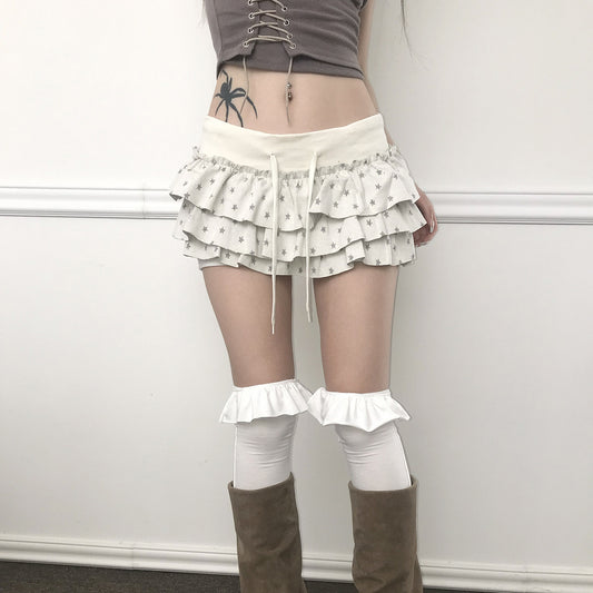 Sweet Printed Contrast Color Stretch Double Layer Skirt