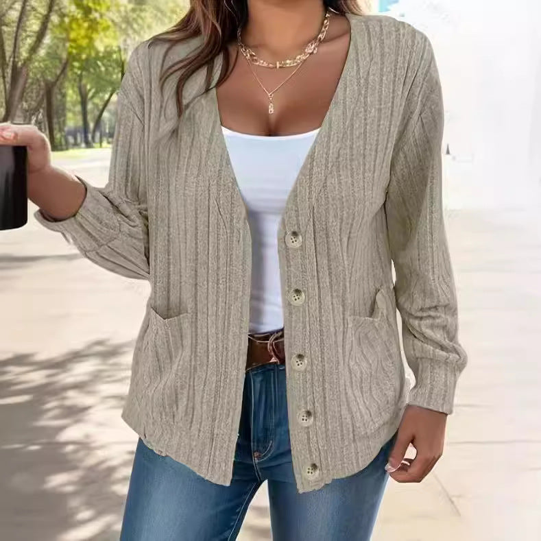 Solid Color Buttons V-neck Loose Long Sleeve Cardigan For Women