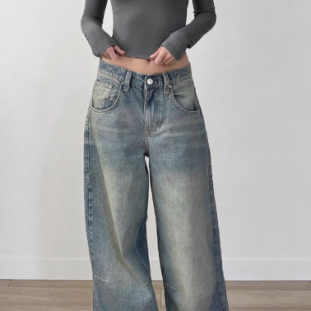 High Street Retro Drape Loose Jeans Women's Washed