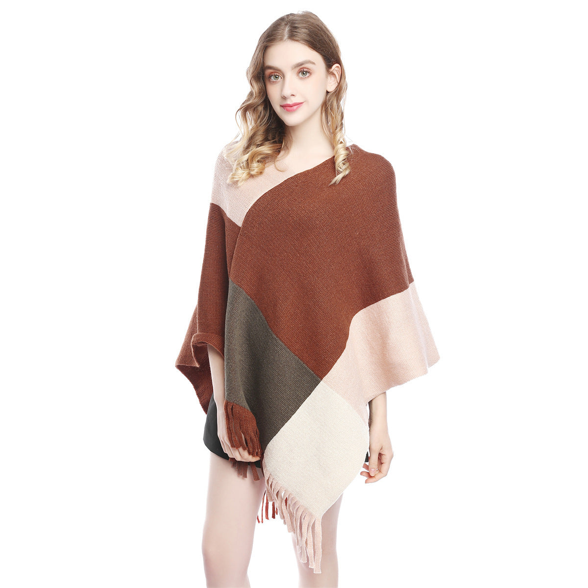 Fashion Women's Color Contrast Patchwork Knit Shawl Cape