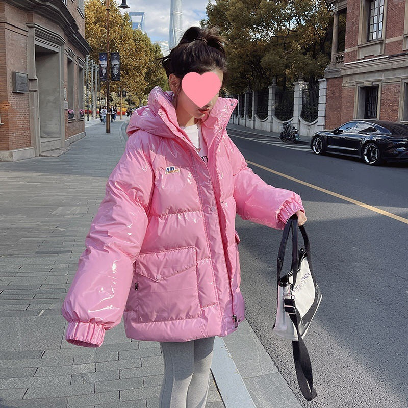 Pink Glossy Down Cotton-padded Jacket Women's Mid-length