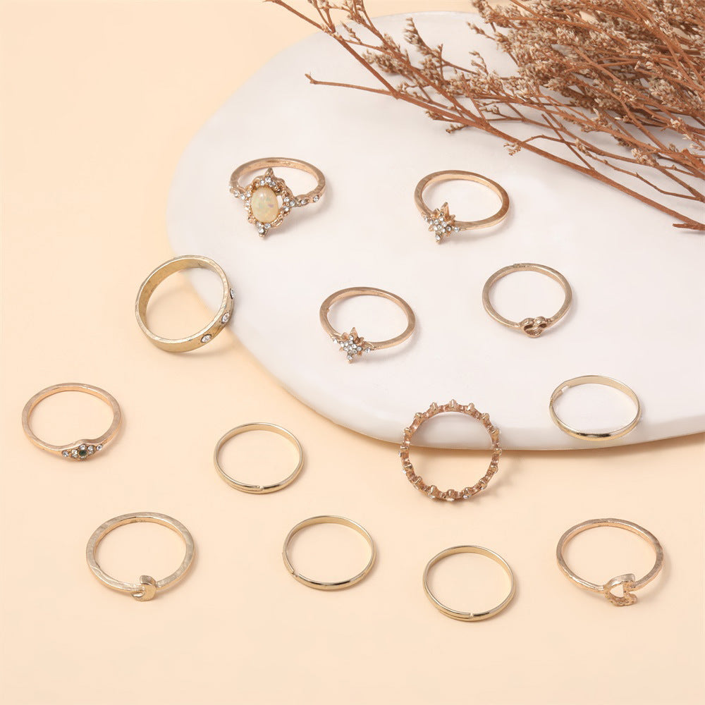 Vintage Opal Rhinestone Star Moon Stackable Ring Set