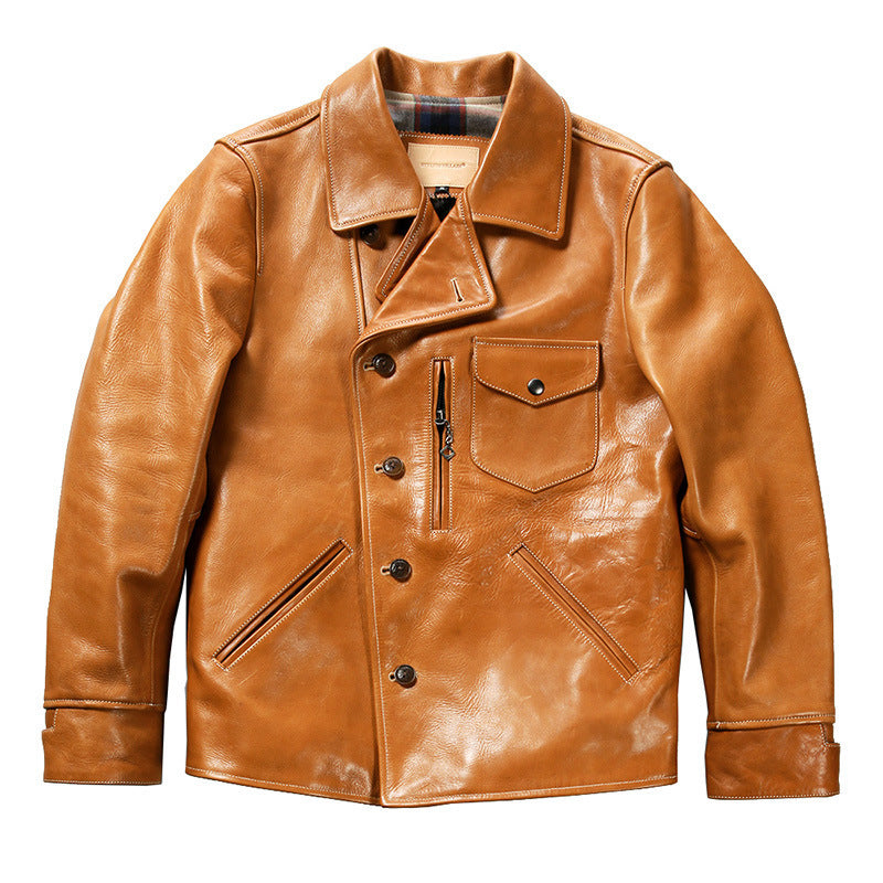 Men's Premium Bear Leather Jacket | Lapel Oil Wax Cowhide Coat
