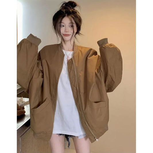 Retro Jacket Top Pilot Coffee Color Stand Collar