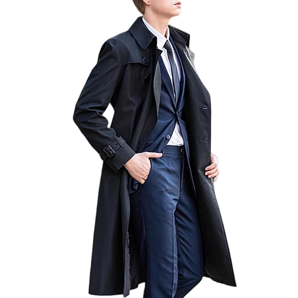 Men's Classic Solid Color Long Trench Coat | All-Weather Overcoat