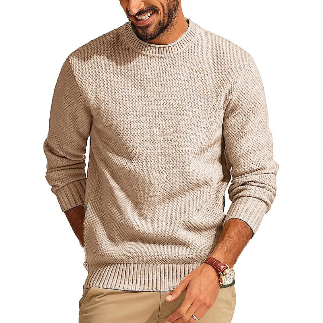 Round Neck Pullover Sweater Men's Waffle Sweater